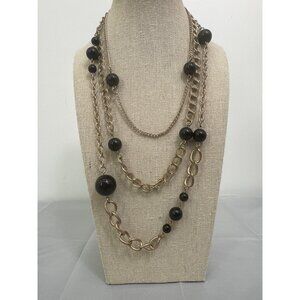 Multi-Strand Silver Tone & Black Beaded Necklace